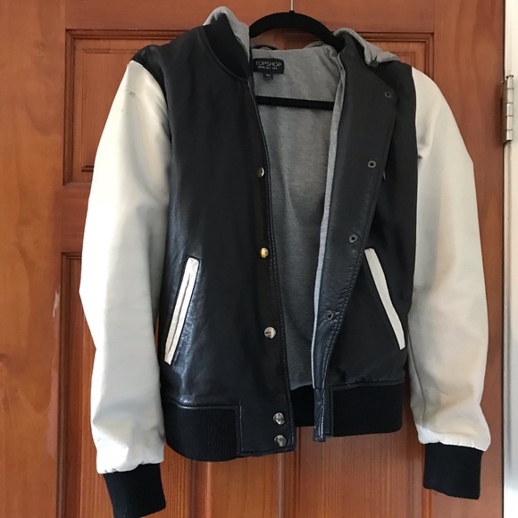Top Shop black and white bomber jacket w/ hoodie - Picture 1 of 6